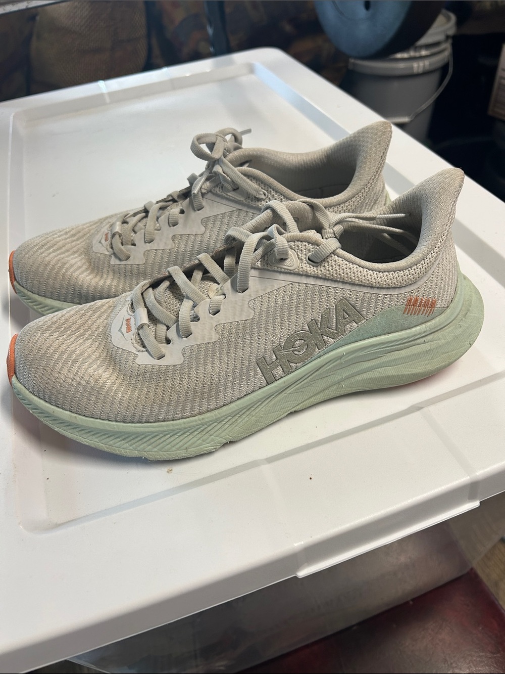 Hoka Neutral Trainer in Light Gray & Mint with Orange Detail